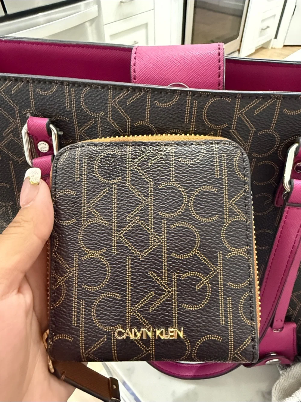 Calvin Klein Brown Monogram Tote with Fuchsia Trim